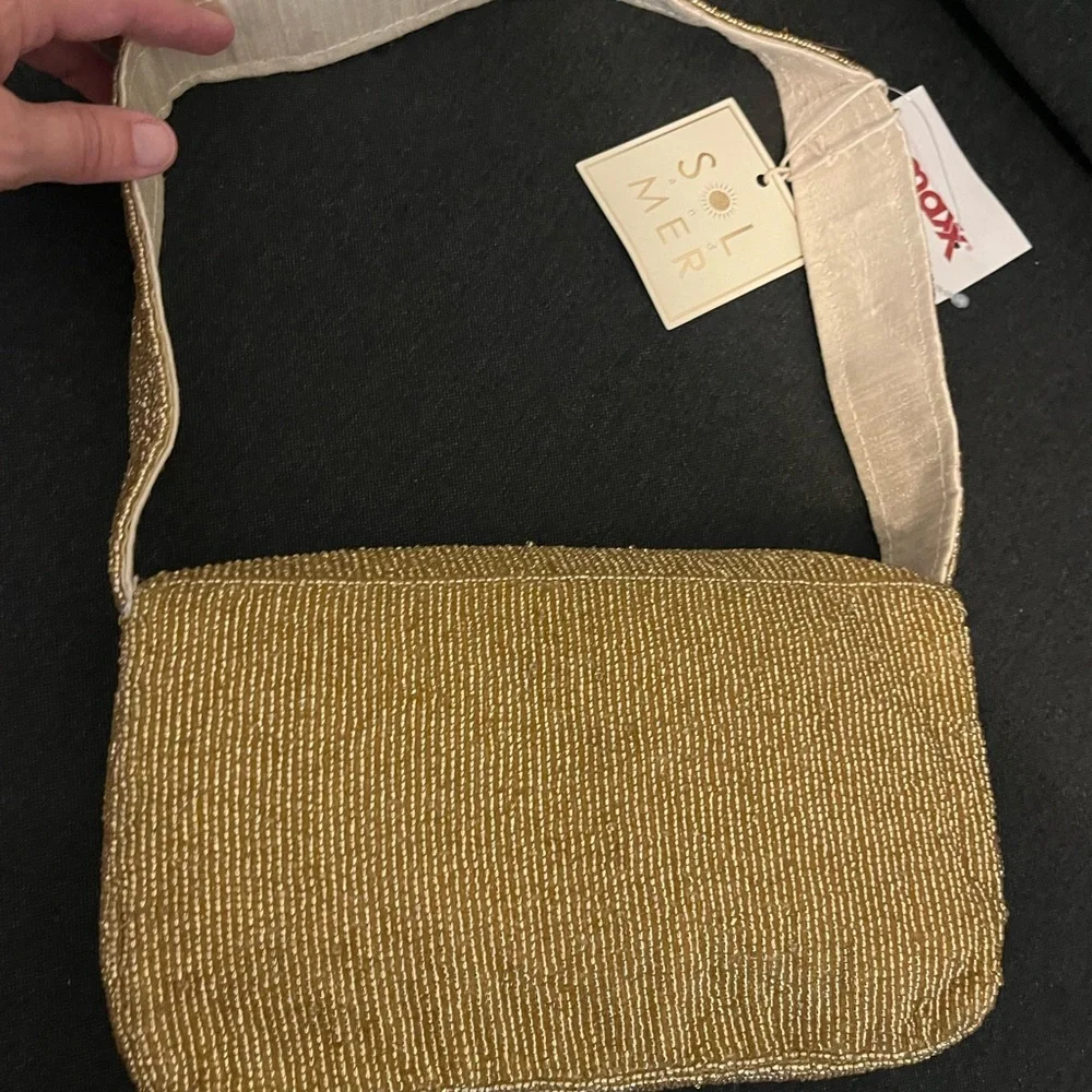 Gold Beaded Autumn Shoulder Bag with Seasonal Embroidery
